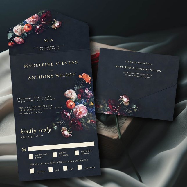 Dark Romantic Moody Floral Black Mairytale Hochzei All In One Einladung (dark moody romantic wedding invitation fairytale romance trifold seal and send all in one gothic)