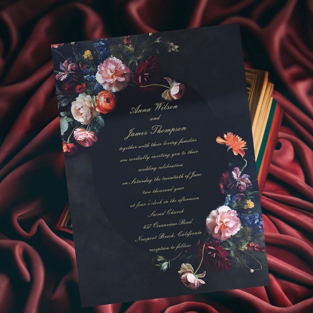 Dark Romantic Moody Floral Calligraphy Wedding Einladung (dark romantic wedding invitation fairytale romance black navy dutch masters floral frame painting )