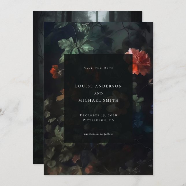 Dark Romantic Moody Floral Wedding Foto Save The Date (Vorne/Hinten)