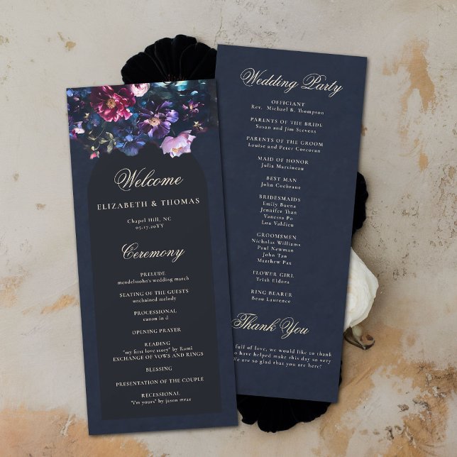 Dark Romantic Moody Florals Black Wedding Programm (dark moody wedding program ceremony purple black jewel tones dutch painting romantic gothic )