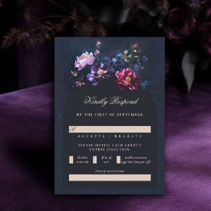 Dark Romantic Moody Florals Jewel Black Wedding RSVP Karte