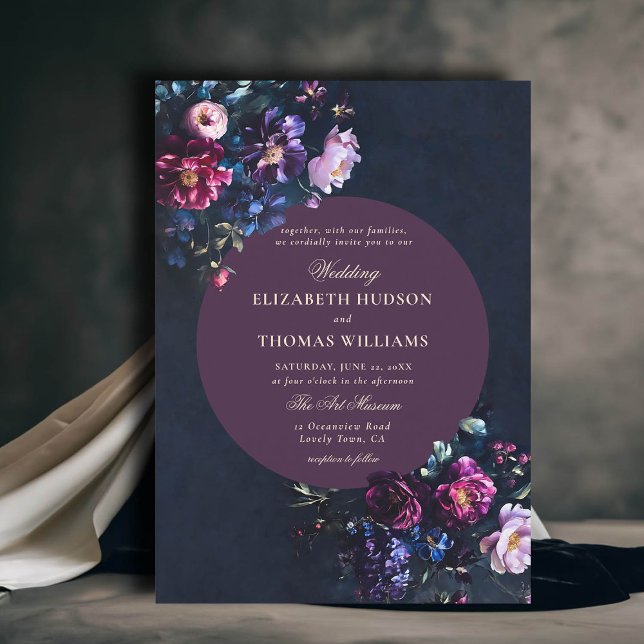 Dark Romantic Moody Florals Jewel Mauve Wedding Einladung (dark moody romantic wedding invitation gothic florals jewel tones mauve classy romance modern classy)