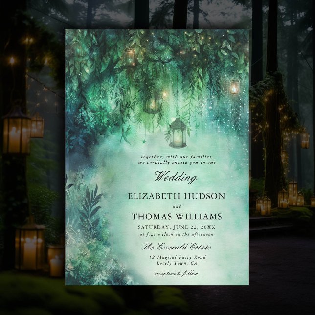 Dark Romantic Wedding verzauberten Wald Thema Fair Einladung (dark romantic wedding invitation enchanted forest theme fairytale romantic fairy lights emerald boho)