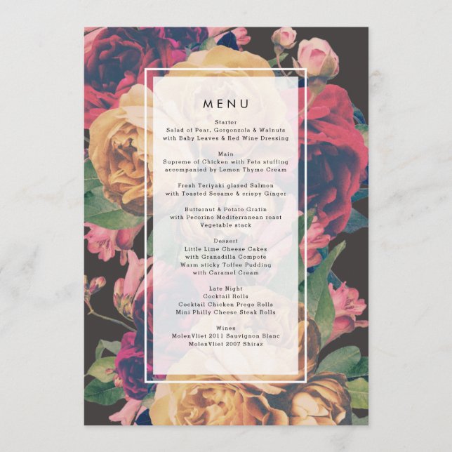 Dark Rose Botanical Fete Wedding Menu Menükarte (Vorderseite)