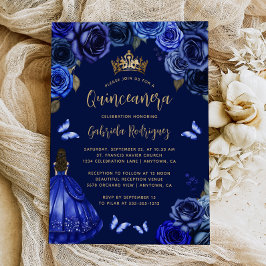 Dark Royal Blue Floral Princess Quinceañera Einladung