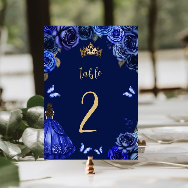 Dark Royal Blue Gold Floral Princess Quinceañera Tischnummer (Von Creator hochgeladen)
