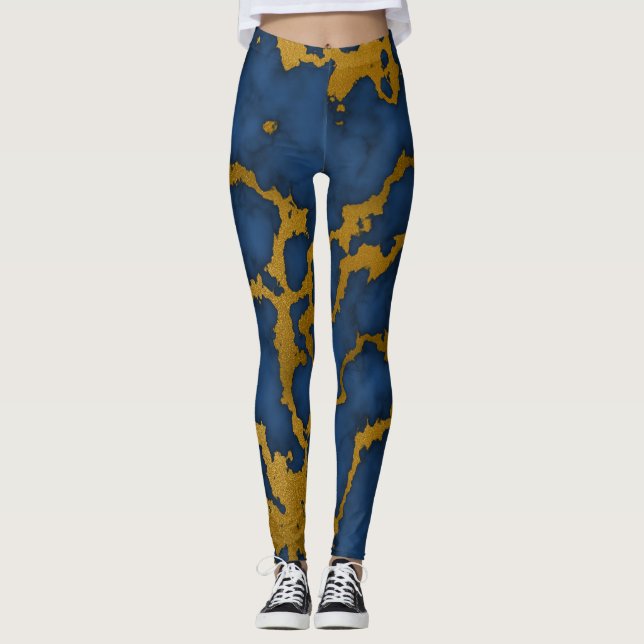 Dark Royal Blue und Gold Marmor Texture Design Leggings (Vorderseite)