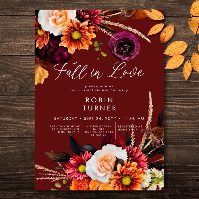 Dark Russet Boho Blumenfall in Liebe Brautparty Einladung (Dark Russet Boho Floral Fall In Love Bridal Shower Invitation)