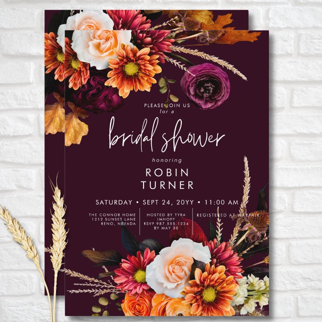 Dark Russet Boho Floral Burgundy Brautparty Einladung (Dark Russet Boho Floral Burgundy Bridal Shower Invitation)