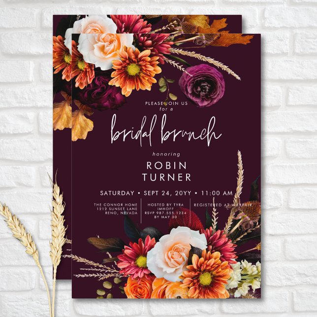 Dark Russet Boho Floral Burgundy Bridal Brunch Einladung (Dark Russet Boho Floral Burgundy Bridal Brunch Invitation)
