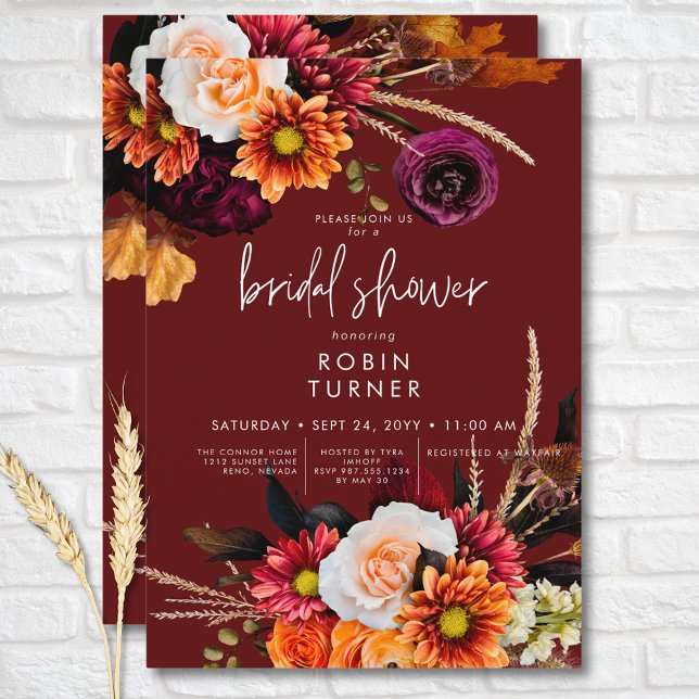 Dark Russet Boho Floral Rust Brautparty Einladung (Dark Russet Boho Floral Rust Bridal Shower Invitation)