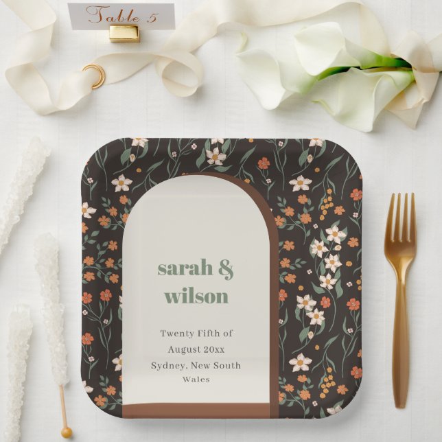 Dark Rust Orange Groovy Retro Arch Floral Wedding Pappteller (Hochzeit)