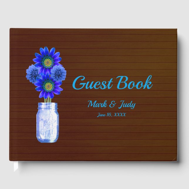 Dark Rustic Blue Floral Mason Jar Wedding Gästebuch (Vorderseite)