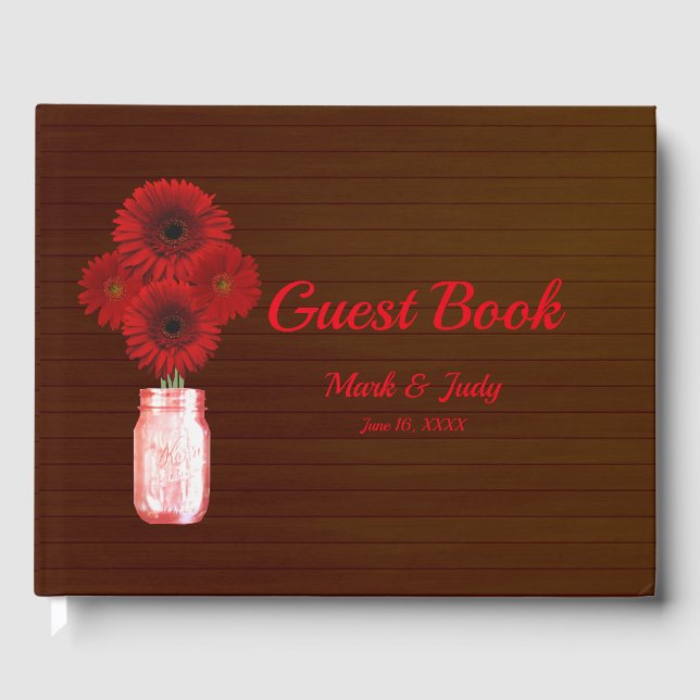 Dark Rustic Red Floral Mason Jar Wedding Gästebuch (Vorderseite)