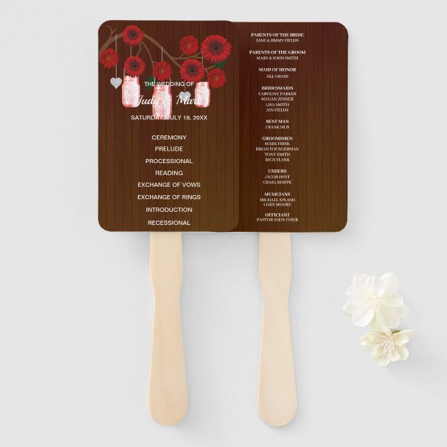 Dark Rustic Red Floral Mason Jars Wedding Fächer (Vorne und Hinten)