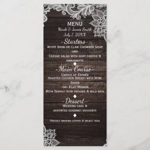 Dark Rustic Wood & Elegante Lace Wedding Menu Menükarte