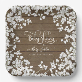 Dark Rustic Wood Script Babys Breath Baby Dusche Pappteller