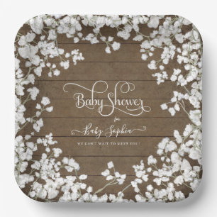 Dark Rustic Wood Script Babys Breath Baby Dusche Pappteller