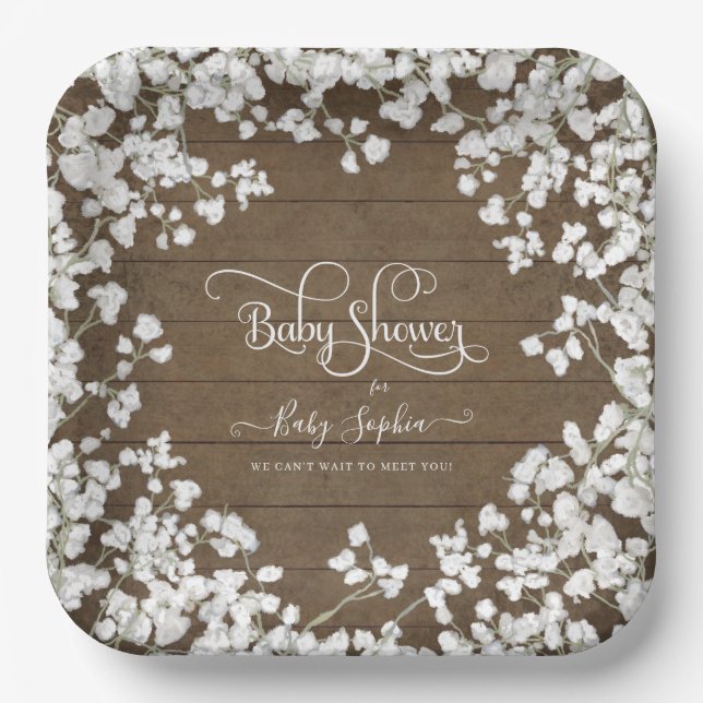 Dark Rustic Wood Script Babys Breath Baby Dusche Pappteller (Vorderseite)