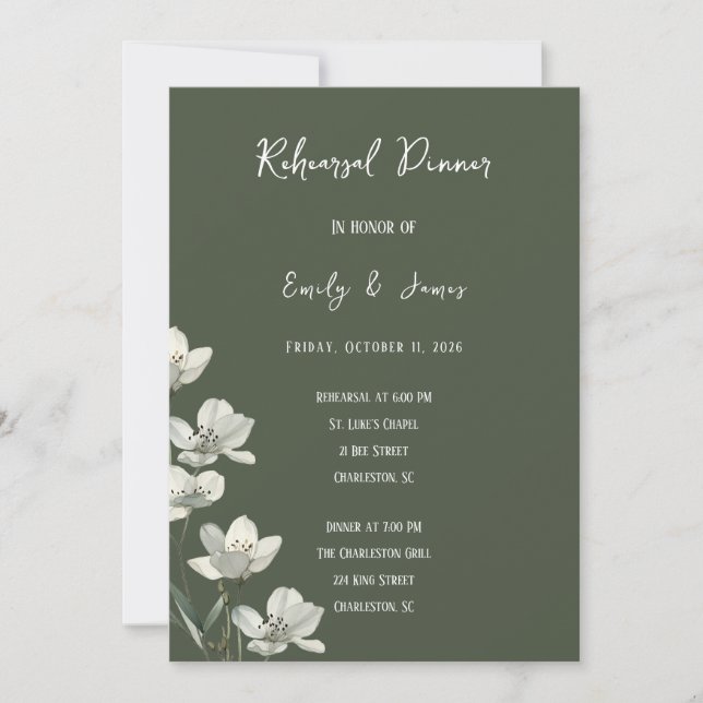 Dark Sage Green Botanical Wedding Einladung (Vorderseite)