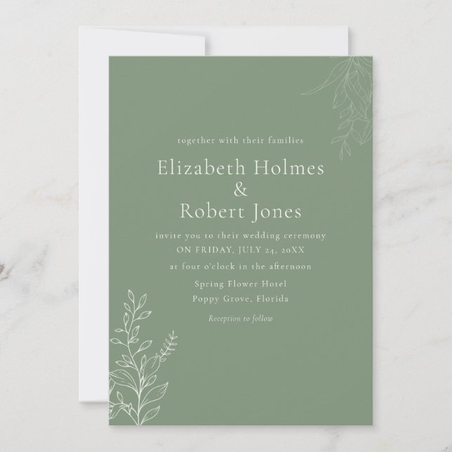 Dark Sage Green Botanical Wedding Invitation Einladung (Vorderseite)
