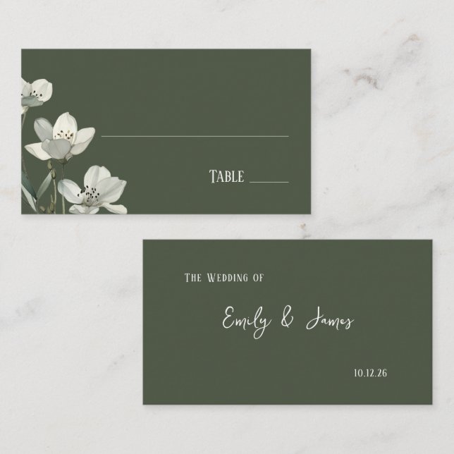 Dark Sage Green Botanical Wedding Platzkarte (Vorne/Hinten)