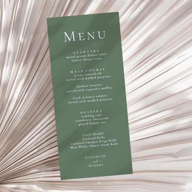 Dark Sage Green Modernes Minimalistisches Hochzeit Menükarte (Sage Green Modern Minimalist Wedding Menu on a sunny neutral dry palm leaf.)