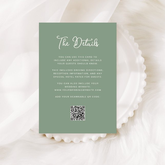 Dark Sage Green Wedding Guest Details QR Code Begleitkarte (A dark sage green wedding details card with a QR code)