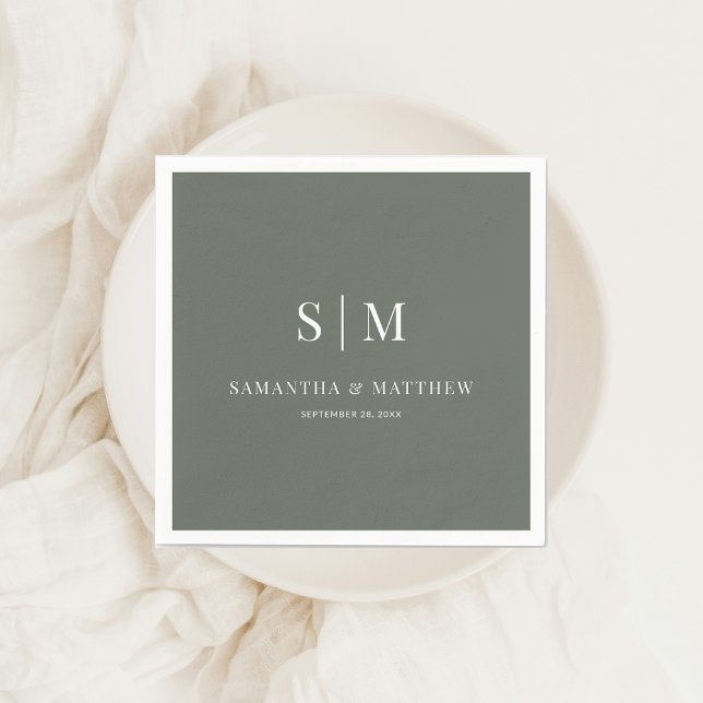 Dark Sage Simple Elegant Couple Initials Wedding Serviette (Dark Sage Green Simple Couple Monogram Wedding Napkin)