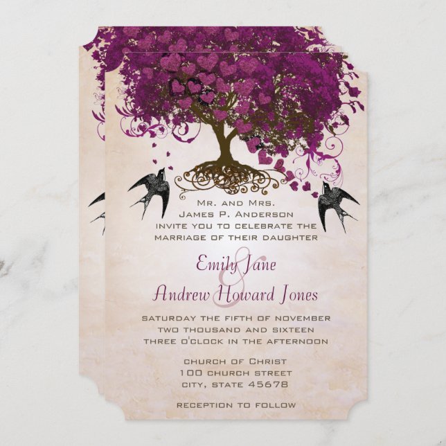 Dark Sangria Herz Leaf Tree Wedding Einladungen (Vorne/Hinten)