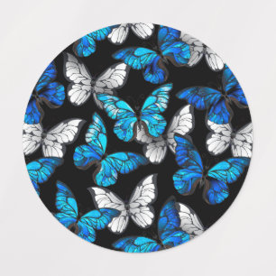 Dark Seamless Pattern with Blue Butterflies Morpho Etiketten