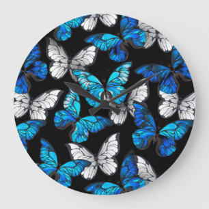 Dark Seamless Pattern with Blue Butterflies Morpho Große Wanduhr