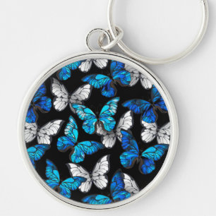 Dark Seamless Pattern with Blue Butterflies Morpho Schlüsselanhänger