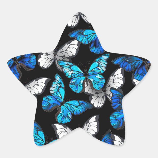 Dark Seamless Pattern with Blue Butterflies Morpho Stern-Aufkleber (Vorderseite)