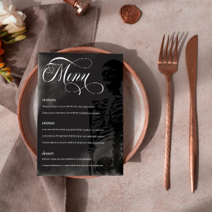 Dark Skeleton Beautiful Script Goth Wedding Menükarte
