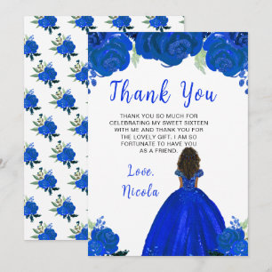 Dark Skin Princess Blue Floral 16 . Geburtstag Dankeskarte