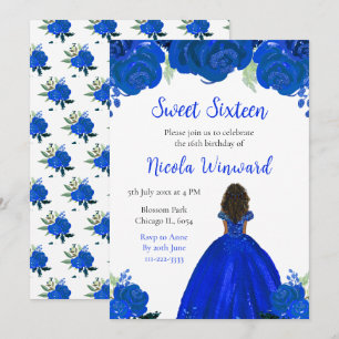 Dark Skin Princess Blue Floral 16 . Geburtstag Einladung