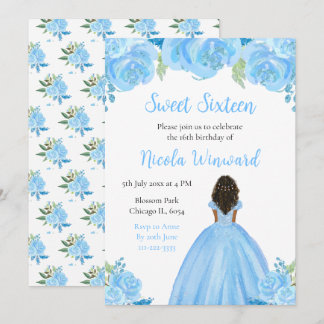 Dark Skin Princess Blue Floral 16 . Geburtstag Einladung