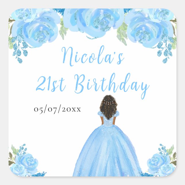 Dark Skin Princess Blue Floral Birthday Party Quadratischer Aufkleber (Vorderseite)