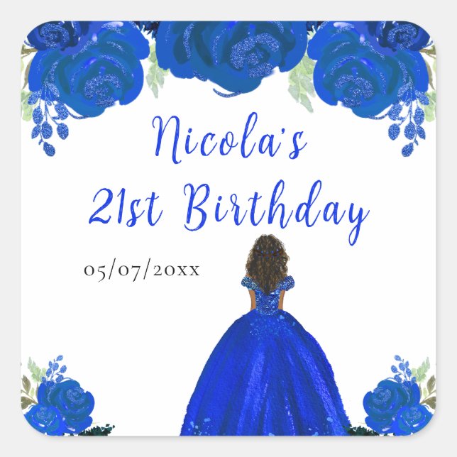 Dark Skin Princess Blue Floral Birthday Party Quadratischer Aufkleber (Vorderseite)
