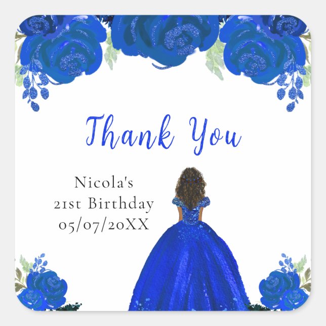 Dark Skin Princess Blue Floral Birthday Party Quadratischer Aufkleber (Vorderseite)