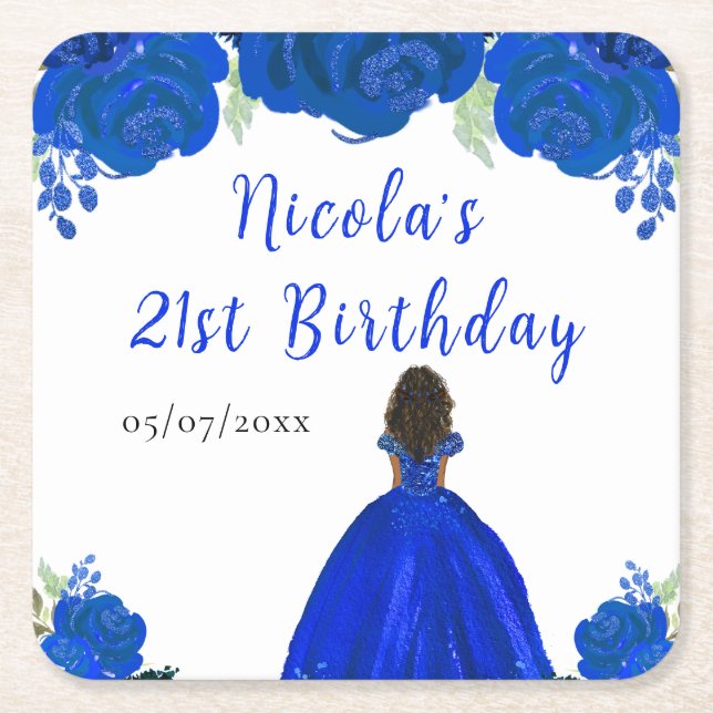 Dark Skin Princess Blue Floral Birthday Party Rechteckiger Pappuntersetzer (Vorderseite)