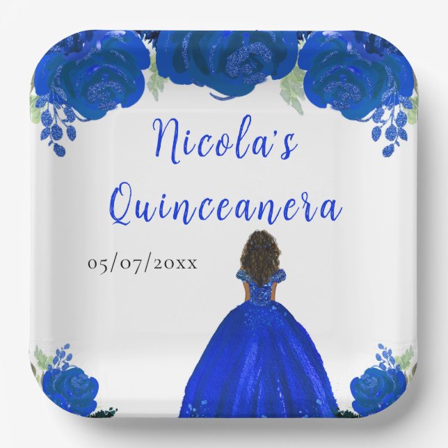 Dark Skin Princess Blue Floral Quinceanera Pappteller (Vorderseite)