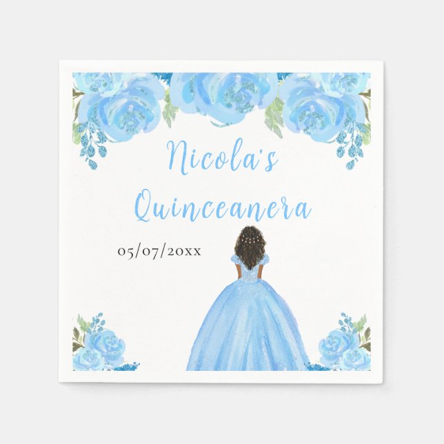 Dark Skin Princess Blue Floral Quinceanera Serviette (Vorderseite)