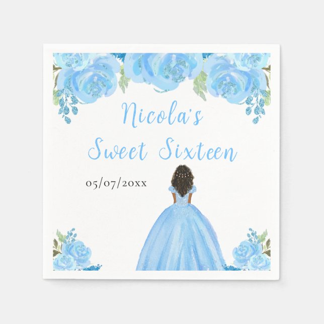Dark Skin Princess Blue Floral Sweet Sixteen Serviette (Vorderseite)