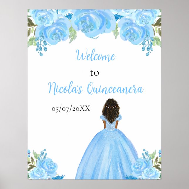 Dark Skin Princess Blue Quinceanera Willkommen Poster (Vorne)