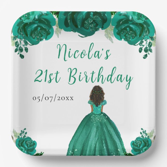 Dark Skin Princess Green Floral Birthday Party Pappteller (Vorderseite)