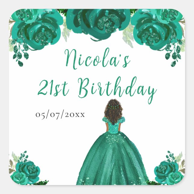 Dark Skin Princess Green Floral Birthday Party Quadratischer Aufkleber (Vorderseite)