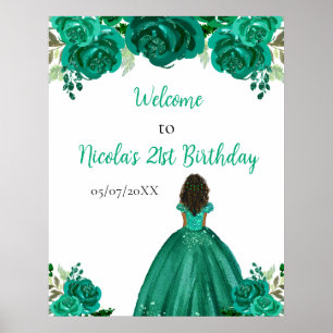 Dark Skin Princess Green Floral Geburtstag Willkom Poster
