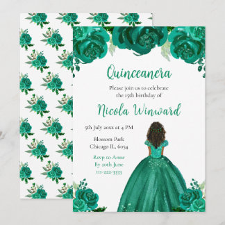 Dark Skin Princess Green Floral Quinceanera Einladung